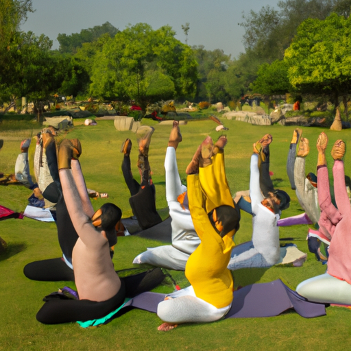 A group of people practicing yoga in a park